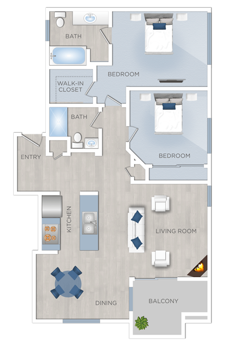 Floor plan for 2 beds, 2 baths, 1148 sqft
